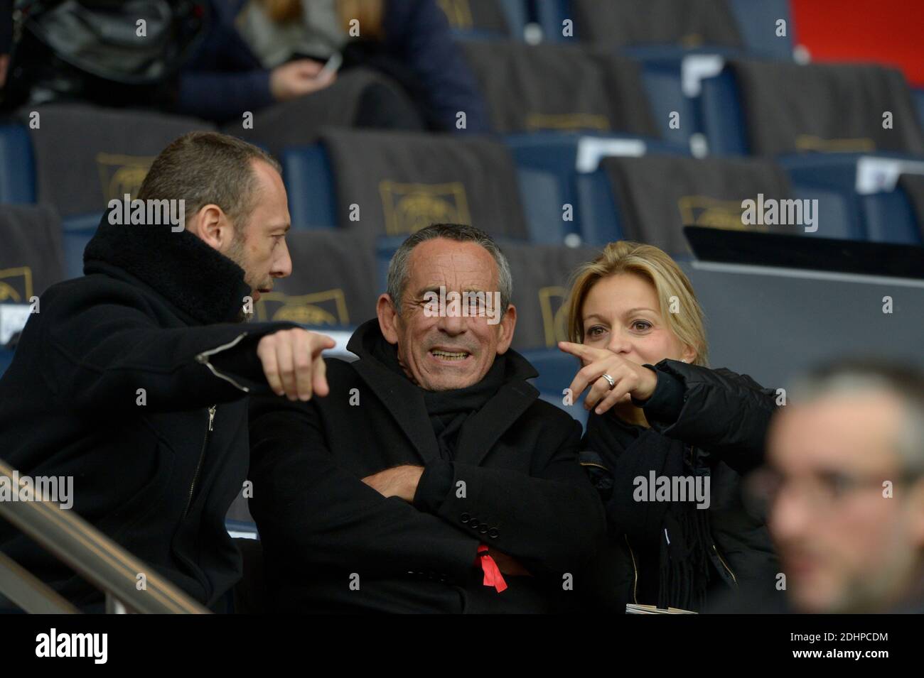 Thierry Ardisson and his wife Audrey Crespo-Mara during the French First League soccer match, Paris-St-Germain vs Reims in Parc des Princes, Paris, France on February 20th, 2016. PSG won 4-1. Photo by Henri Szwarc/ABACAPRESS.COM Stock Photo