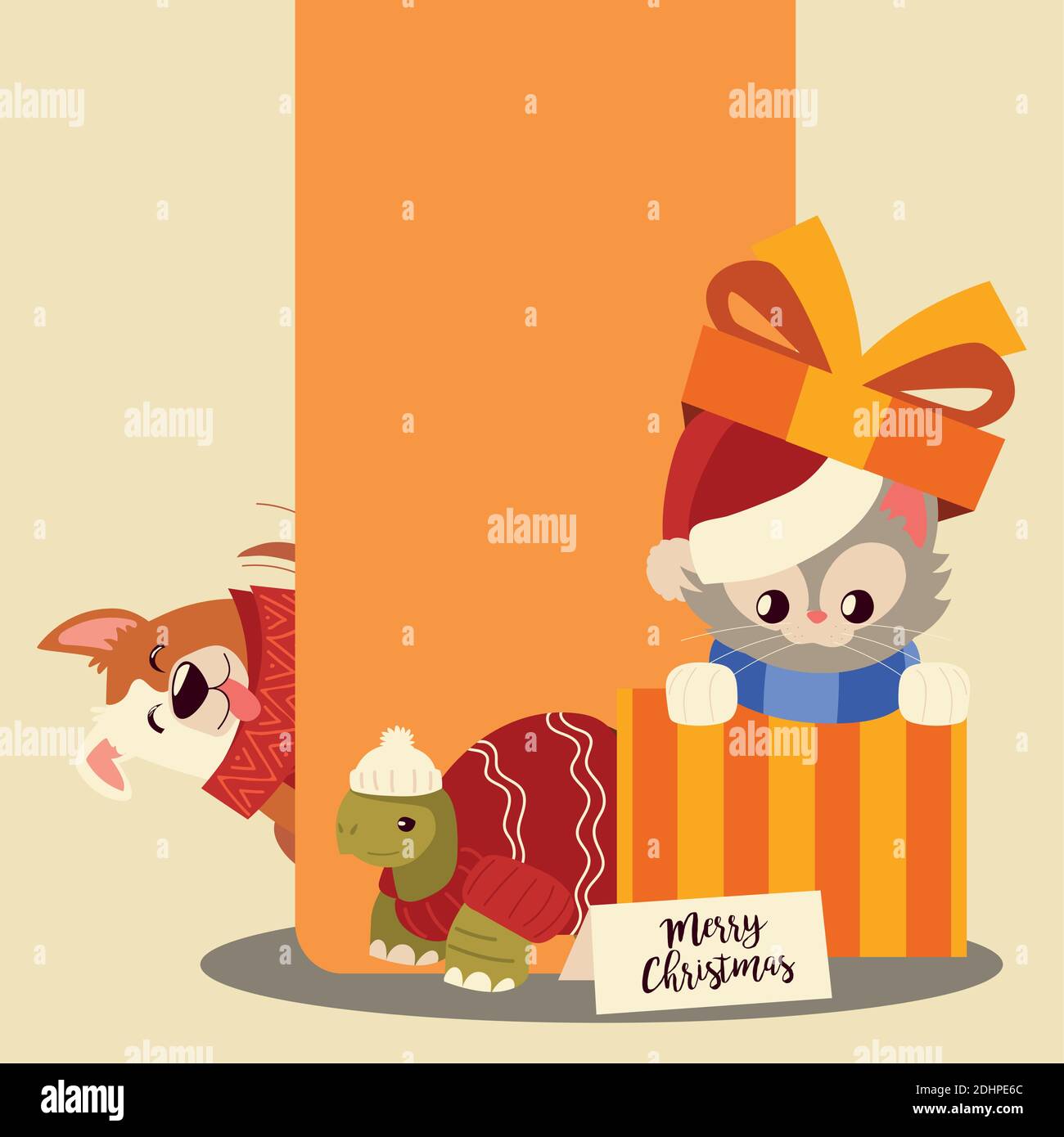 merry christmas little cat in gift box with turtle and dog cartoon