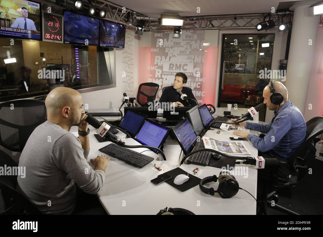 Exclusive - Gilbert Brisbois, Daniel Riolo and Francois Manardo at the  'L'After Foot' talk show on RMC Radio, in Paris, France, on February 24,  2016. Photo by Jerome Domine/ABACAPRESS.COM Stock Photo -