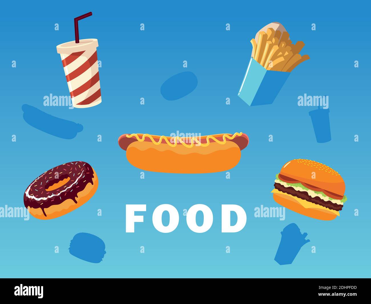 fast food hot dog burger french fries donut soda with shadow on blue