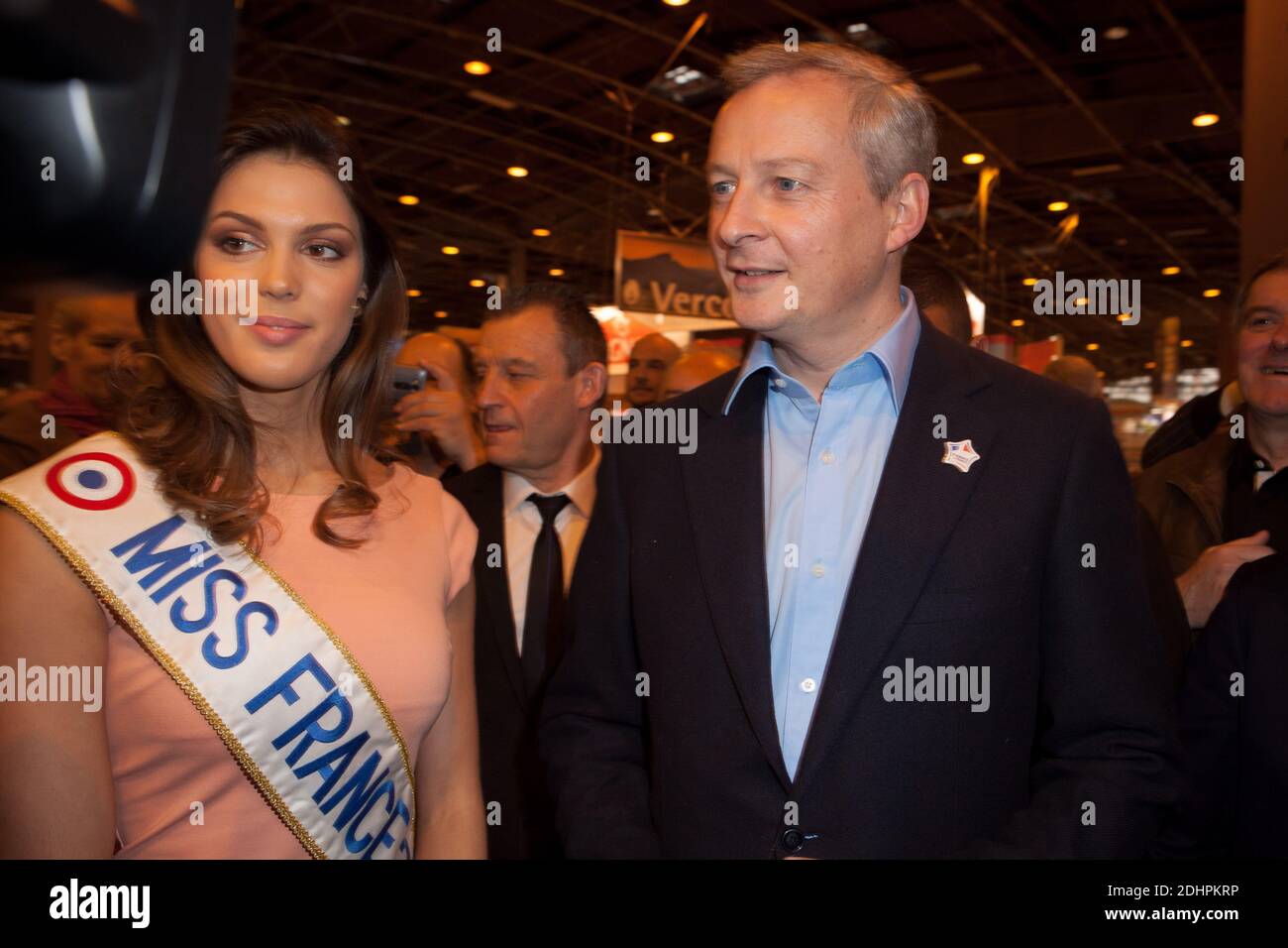 Les Republicains (LR) right-wing party deputy of Eure and former Agriculture Minister Bruno Le Maire meets with Miss France 2016 Iris Mittenaere as he tours the 53rd annual Paris International Agricultural Show at Porte de Versailles in Paris, France on February 29, 2016. Photo by Audrey Poree/ABACAPRESS.COM Stock Photo