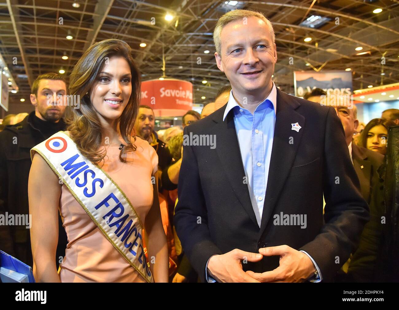 Les Republicains (LR) right-wing party deputy of Eure and former Agriculture Minister Bruno Le Maire meets with Miss France 2016 Iris Mittenaere as he tours the 53rd annual Paris International Agricultural Show at Porte de Versailles in Paris, France on February 29, 2016. Photo by Christian Liewig/ABACAPRESS.COM Stock Photo