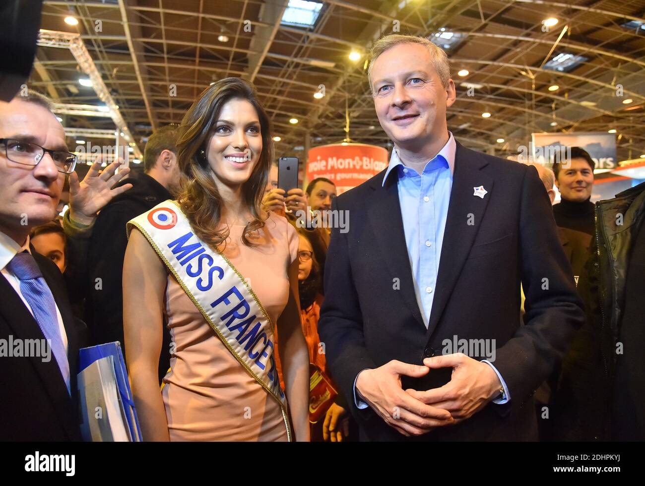 Les Republicains (LR) right-wing party deputy of Eure and former Agriculture Minister Bruno Le Maire meets with Miss France 2016 Iris Mittenaere as he tours the 53rd annual Paris International Agricultural Show at Porte de Versailles in Paris, France on February 29, 2016. Photo by Christian Liewig/ABACAPRESS.COM Stock Photo