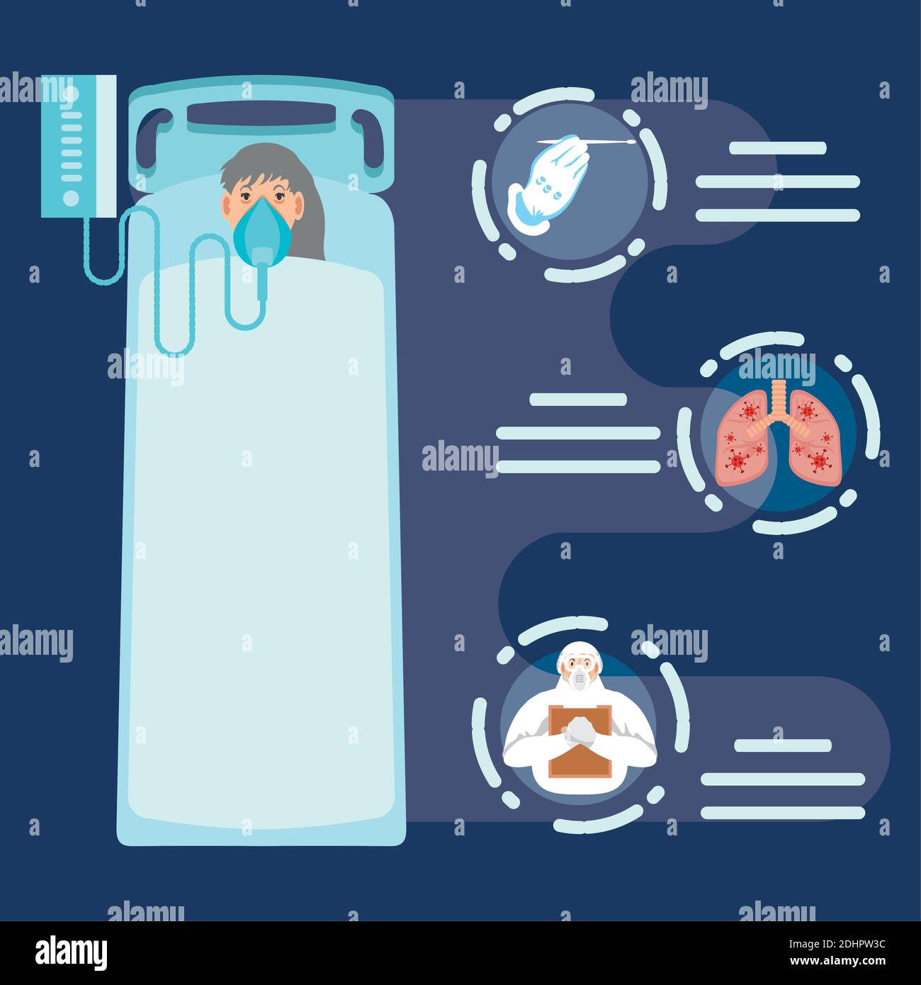 coronavirus covid 19 patient in bed with ventilator doctor disease lungs vector illustration Stock Vector