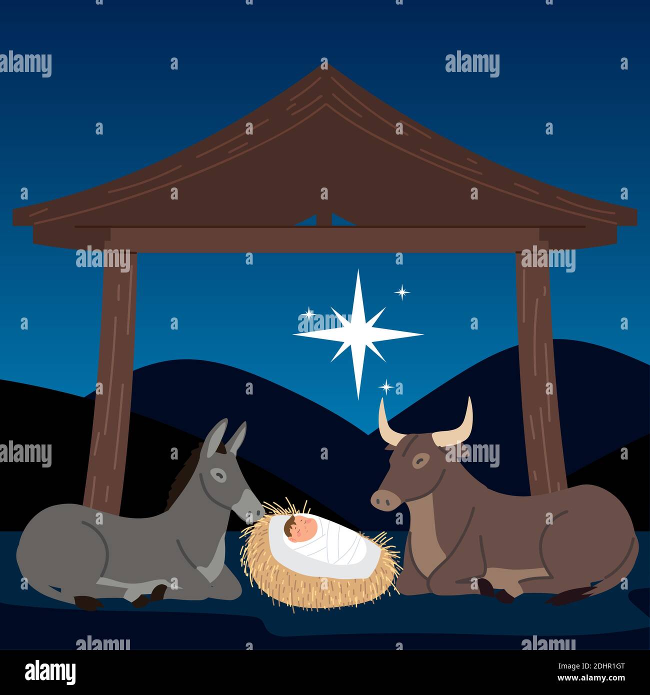 nativity manger baby jesus with donkey ox and star in the night vector