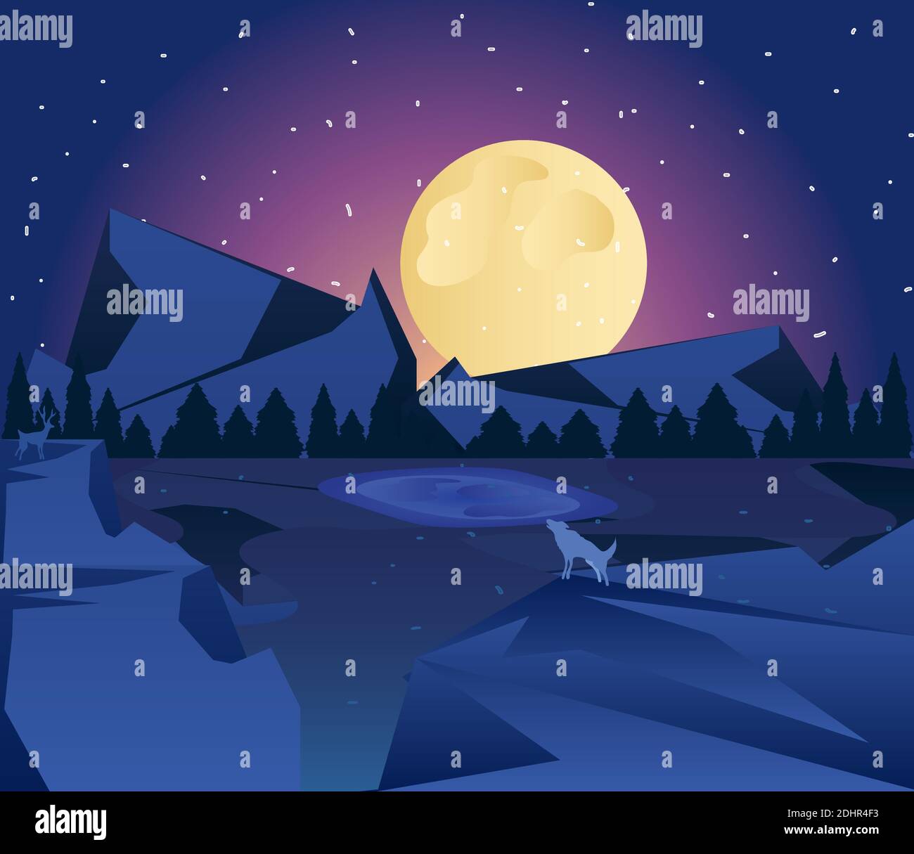 landscape wolf is howling to the moon by the lake at starry sky vector ...