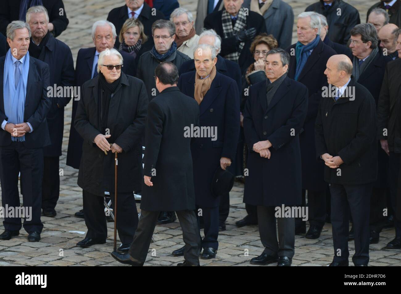 L-R : Jean-Louis Debre, Roland Dumas, Robert Badinter, Francois Fillon, Alain Juppe, Laurent Fabius and Francois Hollande attend national tribute to Yves Guena, in the courtyard of the Invalides, in Paris, France on March 8, 2016. Photo by Ammar Abd Rabbo/ABACAPRESS.COM Stock Photo