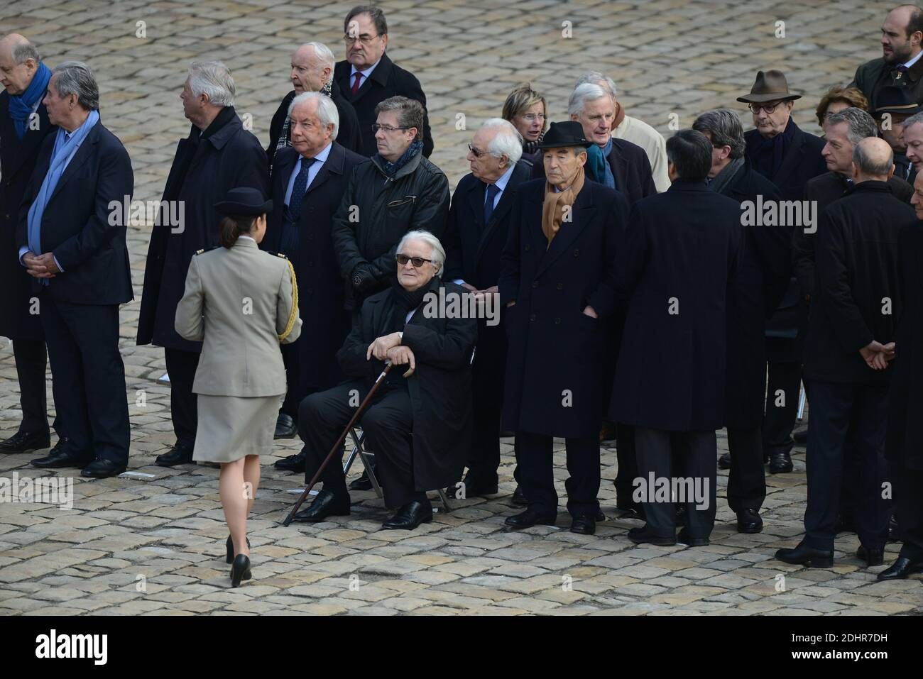 L-R : Jean-Louis Debre, Roland Dumas, Robert Badinter, Michel Barnier, Francois Fillon, Xavier Darcos, Alain Juppe, Herve Gaymard attend national tribute to Yves Guena, in the courtyard of the Invalides, in Paris, France on March 8, 2016. Photo by Ammar Abd Rabbo/ABACAPRESS.COM Stock Photo