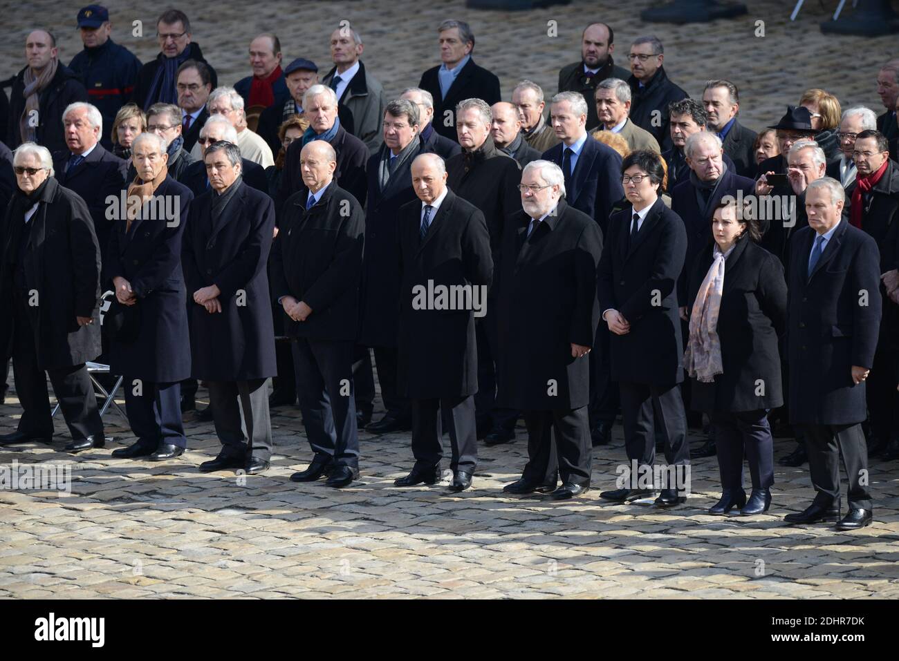 L-R : Roland Dumas, Robert Badinter, Francois Fillon, Alain Juppe, Laurent  Fabius, Jean-Marc Todeschini, Jean-Vincent Place, Emmanuelle Cosse, Jean-Marc  Ayrault attend national tribute to Yves Guena, in the courtyard of the  Invalides,