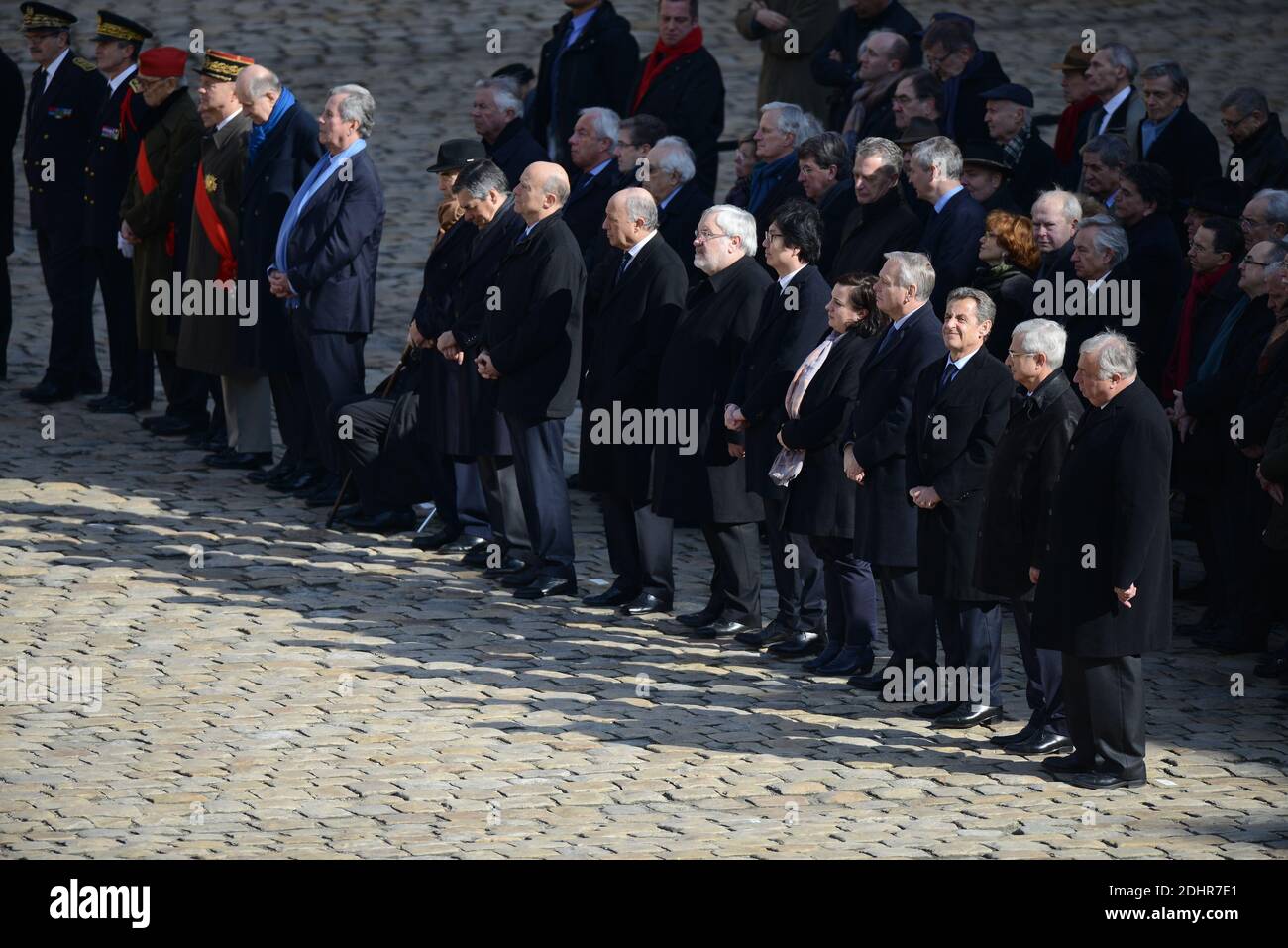L-R : Jean-Louis Debre, Roland Dumas, Robert Badinter, Francois Fillon, Alain Juppe, Laurent Fabius, Jean-Marc Todeschini, Jean-Vincent Place, Emmanuelle Cosse, Jean-Marc Ayrault, Nicolas Sarkozy, Claude Bartolone, Gerard Larcher attend national tribute to Yves Guena, in the courtyard of the Invalides, in Paris, France on March 8, 2016. Photo by Ammar Abd Rabbo/ABACAPRESS.COM Stock Photo