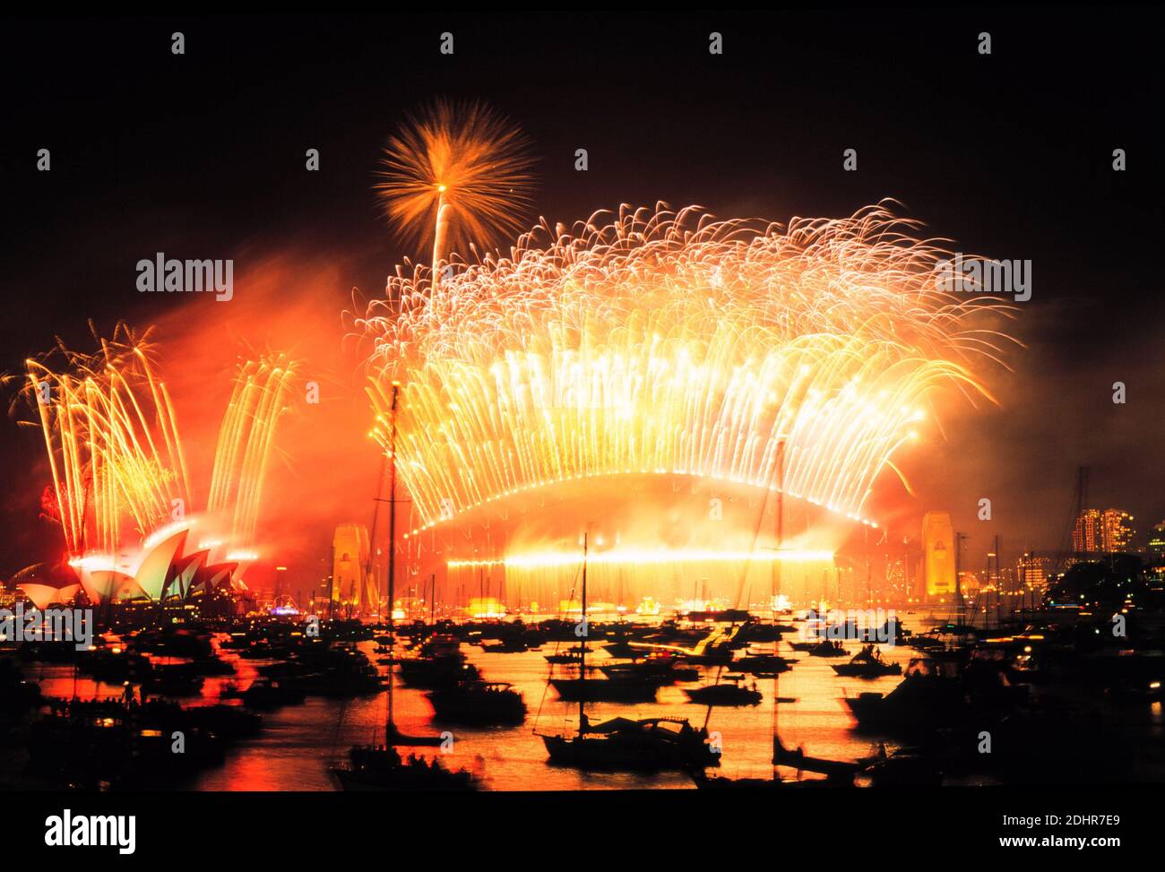 Fireworks on New Years eve on Sydney Harbour , Australia. Stock Photo
