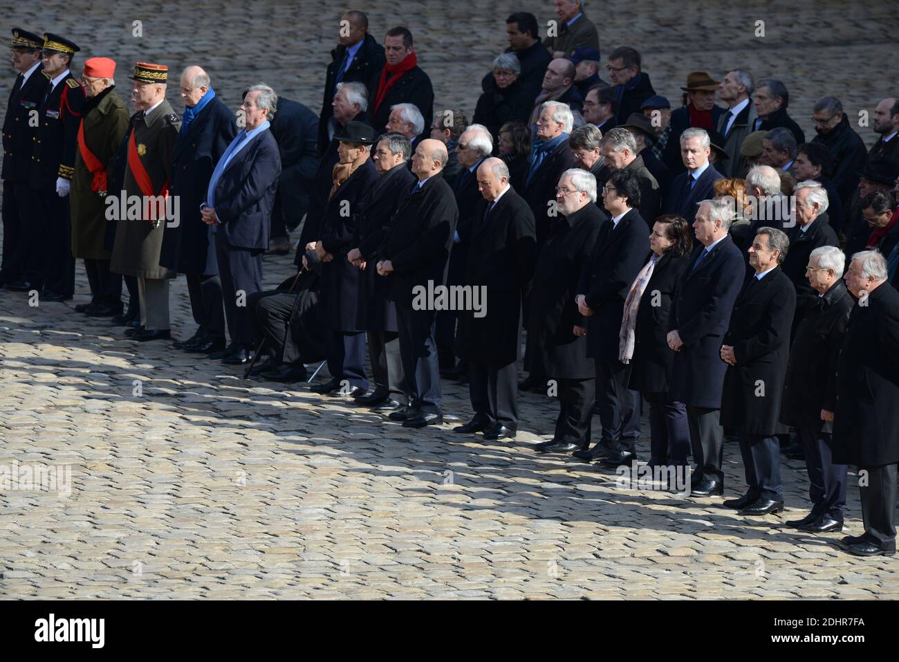 L-R : Jean-Louis Debre, Roland Dumas, Robert Badinter, Francois Fillon, Alain Juppe, Laurent Fabius, Jean-Marc Todeschini, Jean-Vincent Place, Emmanuelle Cosse, Jean-Marc Ayrault, Nicolas Sarkozy, Claude Bartolone, Gerard Larcher attend national tribute to Yves Guena, in the courtyard of the Invalides, in Paris, France on March 8, 2016. Photo by Ammar Abd Rabbo/ABACAPRESS.COM Stock Photo