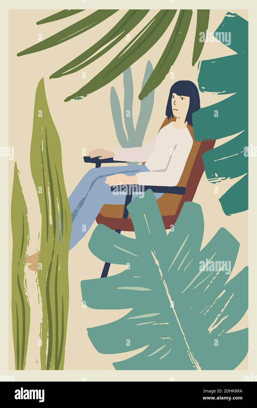 Young woman sitting in a chair surrounded by big leaves of house plants. Vector vintage illustration. Stock Vector