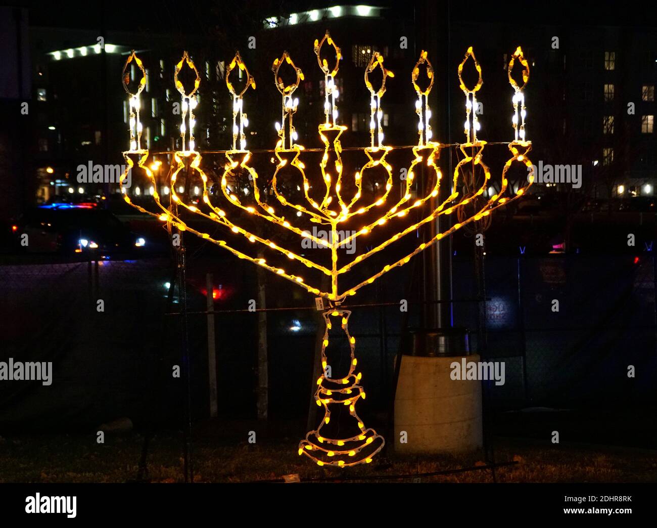 Wilmington, Delaware, U.S.A December 11, 2020 A display of Menora lights at Winter in