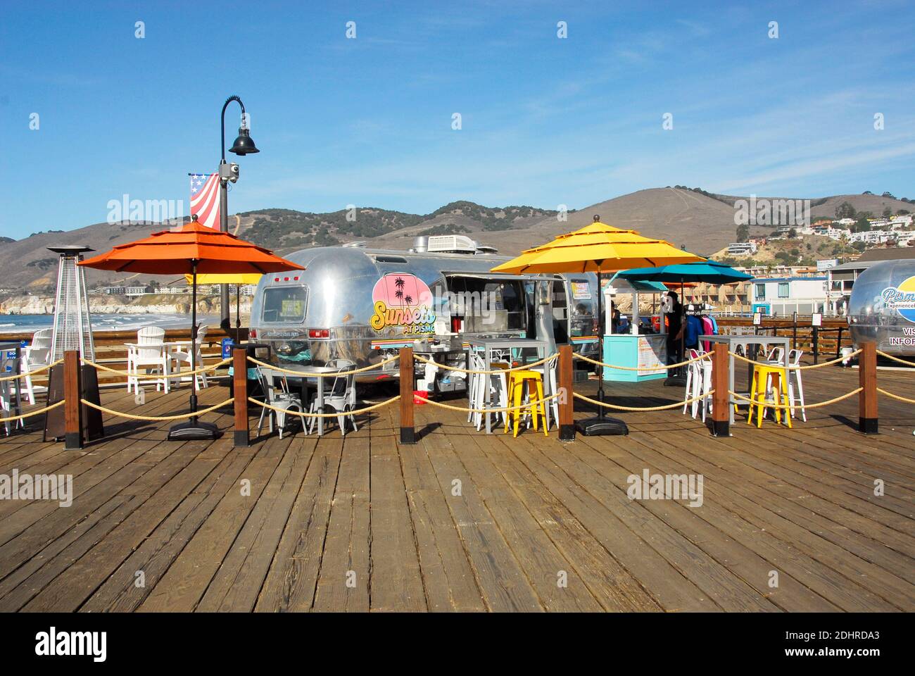 Airstream restaurants and takeout at Pismo Beach in San Luis Obispo County, California, famous for its Pismo Clams, beaches, and sand dunes. Stock Photo