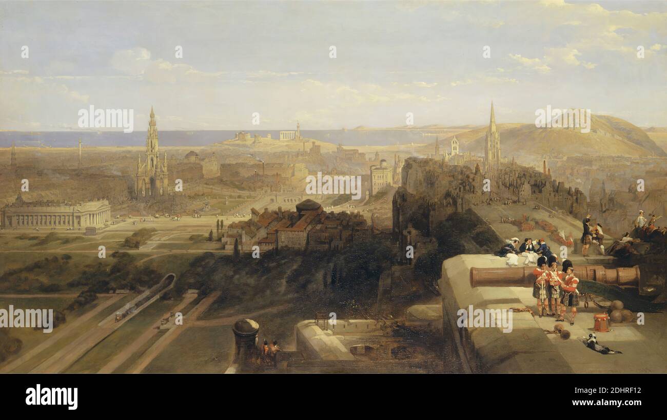 Edinburgh from the Castle, David Roberts, 1796–1864, British, 1847, Oil on canvas, Support (PTG): 48 x 84 inches (121.9 x 213.4 cm), animal, army, cannon, castle, church, city, cityscape, dog (animal), feathers, hats, hills, kilt, royal, sea, soldiers, steeple, town, view, water, Edinburgh, Edinburgh castle, Scotland, St Giles' Cathedral, United Kingdom Stock Photo