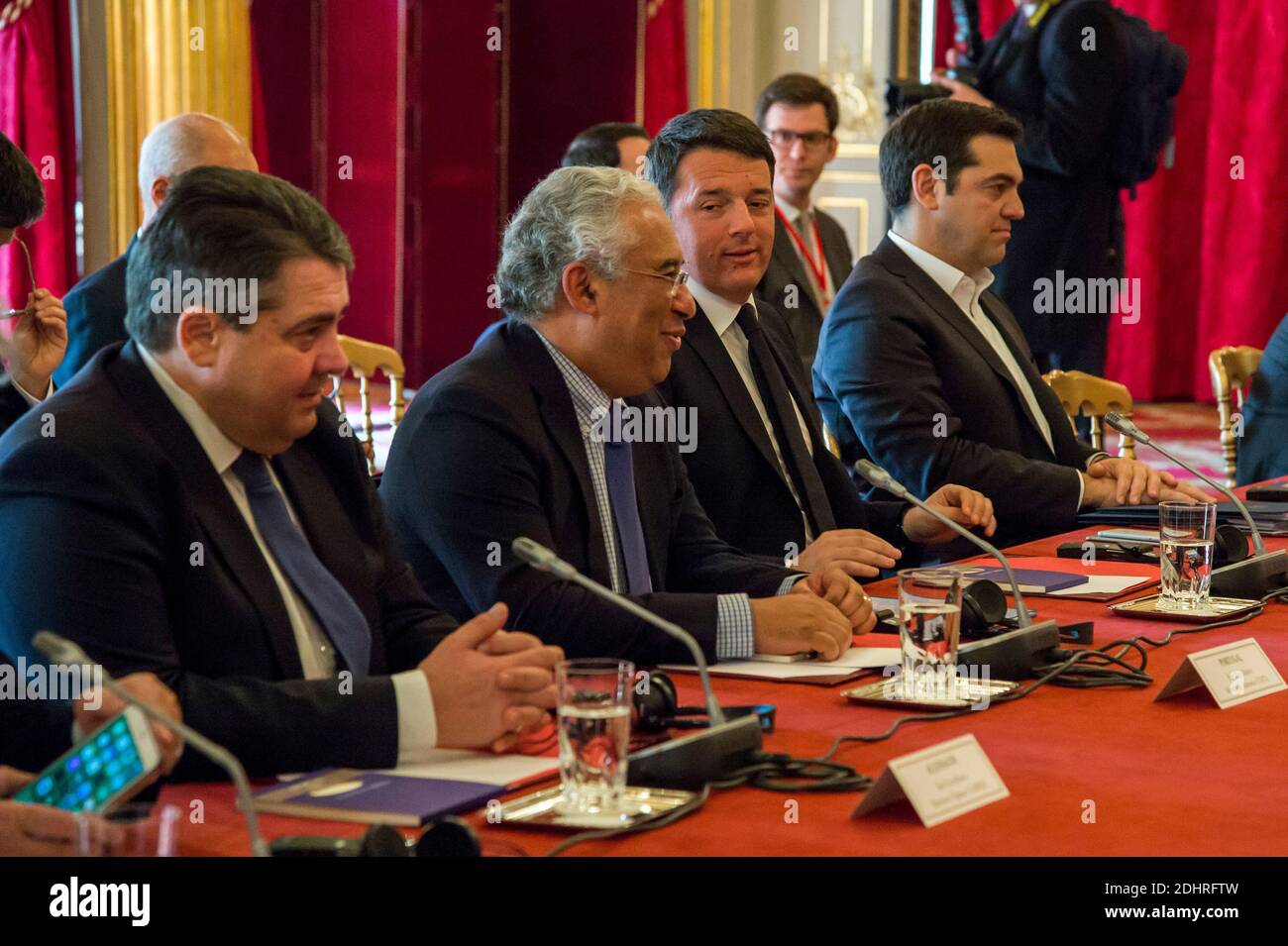 Vice Chancellor of Germany Sigmar Gabriel, Portugal's PM Antonio Costa, Italy's PM Matteo Renzi, Greek PM Alexis Tsipras are seen during a meeting of European social democratic leaders at the Elysee Palace in Paris, France, on March 12, 2016. Photo by Gilles Rolle/Pool/ABACAPRESS.COM Stock Photo