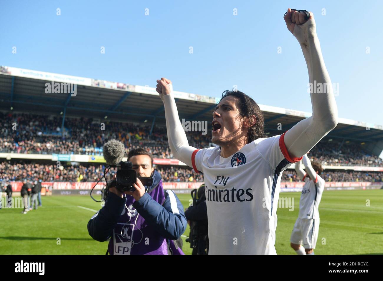 PSG's Edison Cavani celebrates during the French First League Football vs. Paris Saint-Germain at the Aube Stadium in Troyes, France on 13, 2016. PSG won Paris Saint-Germain clinched