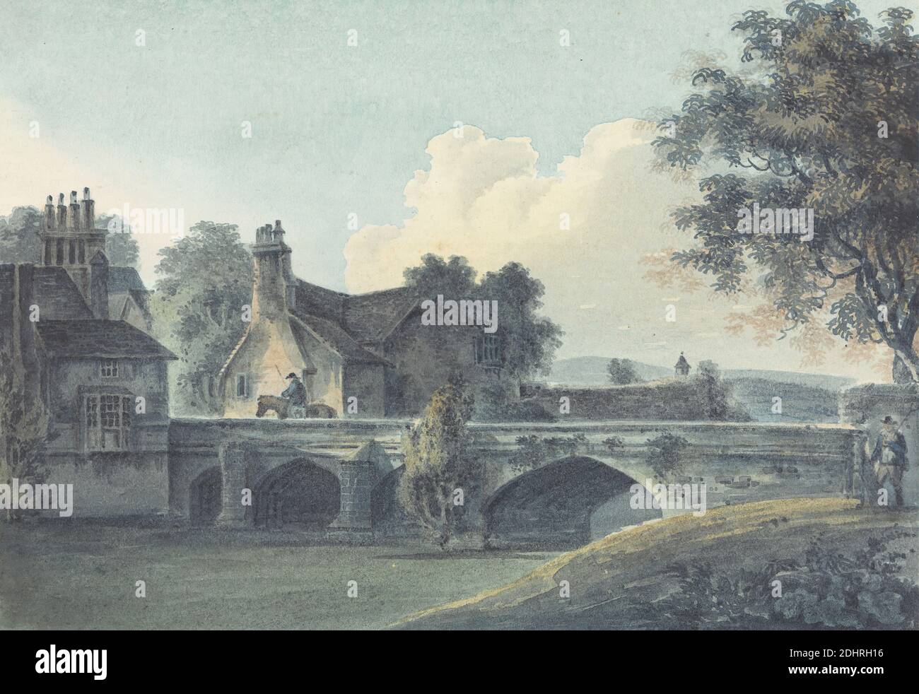The Entrance to King John's Palace, Eltham, Kent, John Hassell, 1767–1825, British, ca. 1812, Watercolor and graphite on medium, slightly textured, cream wove paper, Sheet: 6 × 8 inches (15.2 × 20.3 cm), architectural subject, bridge (built work), crossing, entryways, horse (animal), men, palace, river, England, Europe, Kent, United Kingdom Stock Photo