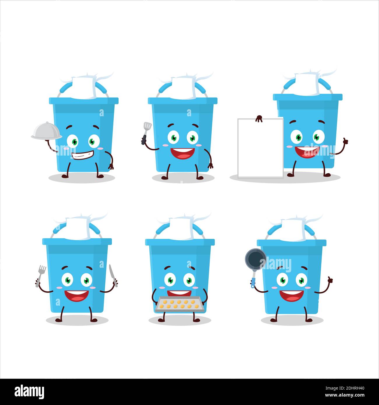Cartoon character of blue bucket with various chef emoticons. Vector
