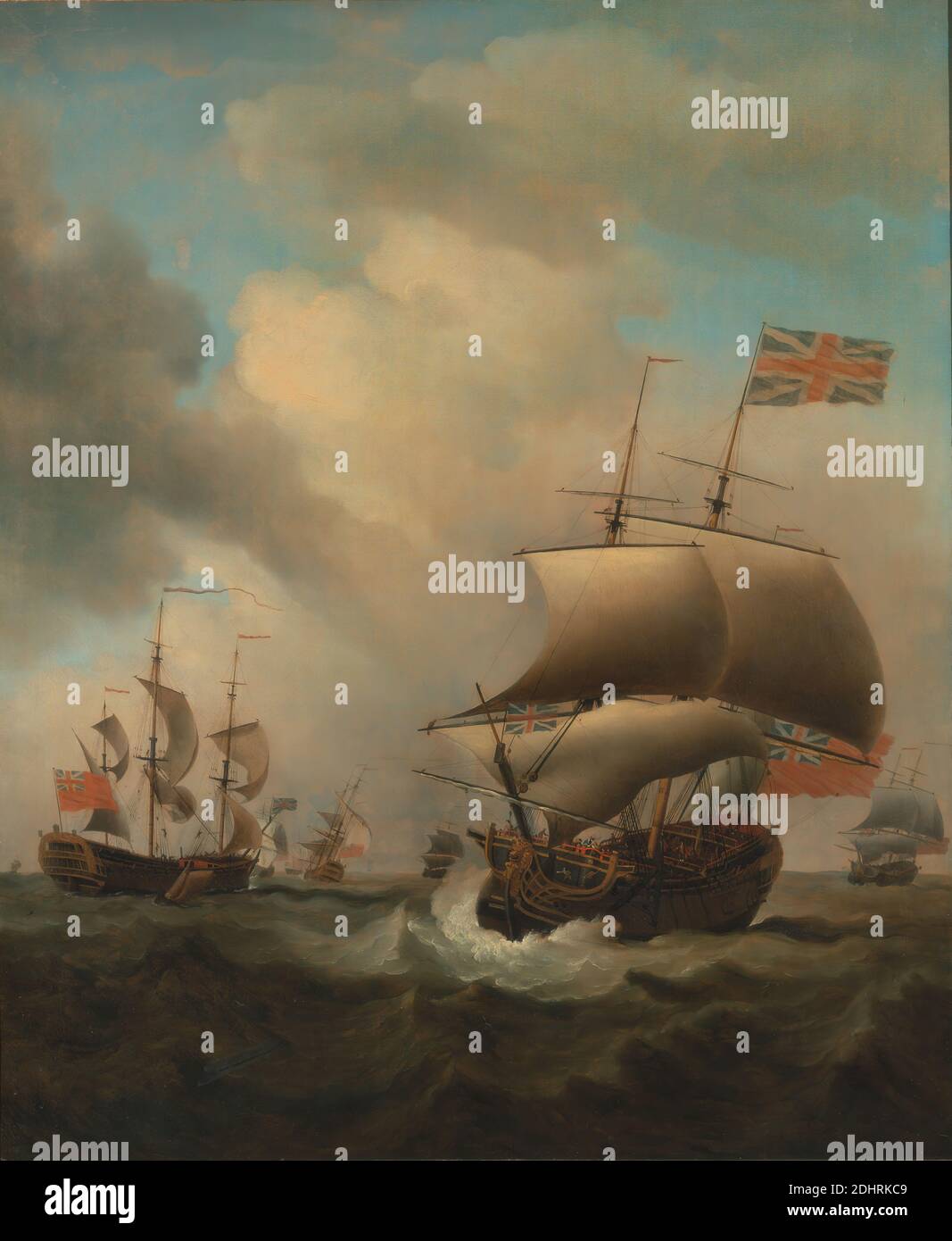 Shipping in a Choppy Sea, Samuel Scott, 1701/2–1772, British, 1753, Oil on canvas, Support (PTG): 55 x 45 1/2 inches (139.7 x 115.6 cm), clouds, fleet, full-rigged ships, marine art, sea, ships, sloop (sailing vessel), water, waves (natural events), wind Stock Photo