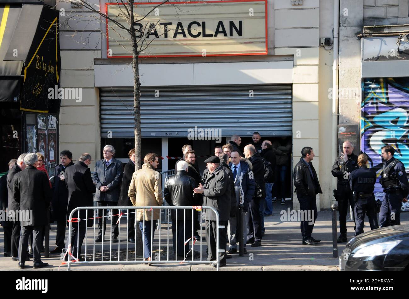 French parliamentary commission of enquiry into possible security failings over two major terror attacks in Paris in 2015, going into the Bataclan concert hall (seen behind) in Paris, France on March 17, 2016. Members of committee investigating government measures to fight terrorism were visiting the Bataclan concert hall on March 17, four months after a coordinated series of gun and bomb attacks at several sites in Paris on November 13, including the Bataclan concert hall, left 130 dead. Photo by Alain Apaydin/ABACAPRESS.COM Stock Photo