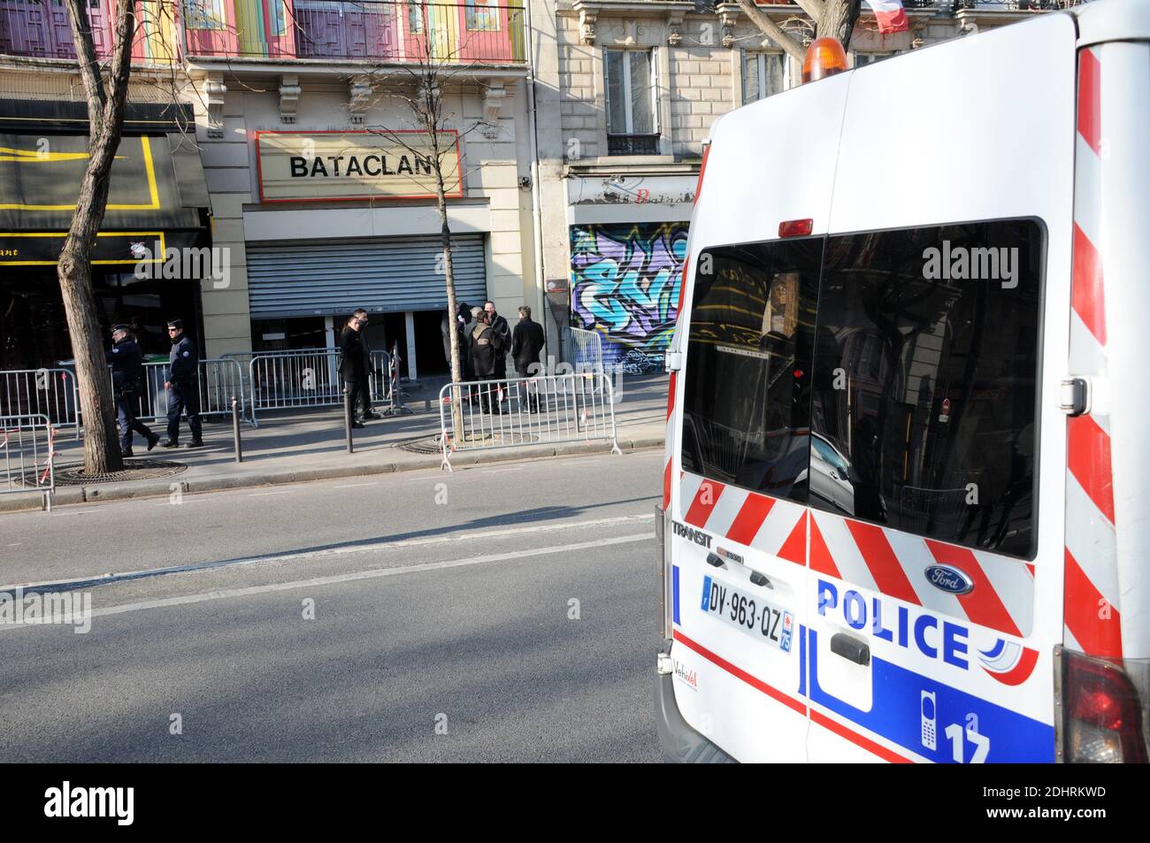 French parliamentary commission of enquiry into possible security failings over two major terror attacks in Paris in 2015, going into the Bataclan concert hall (seen behind) in Paris, France on March 17, 2016. Members of committee investigating government measures to fight terrorism were visiting the Bataclan concert hall on March 17, four months after a coordinated series of gun and bomb attacks at several sites in Paris on November 13, including the Bataclan concert hall, left 130 dead. Photo by Alain Apaydin/ABACAPRESS.COM Stock Photo
