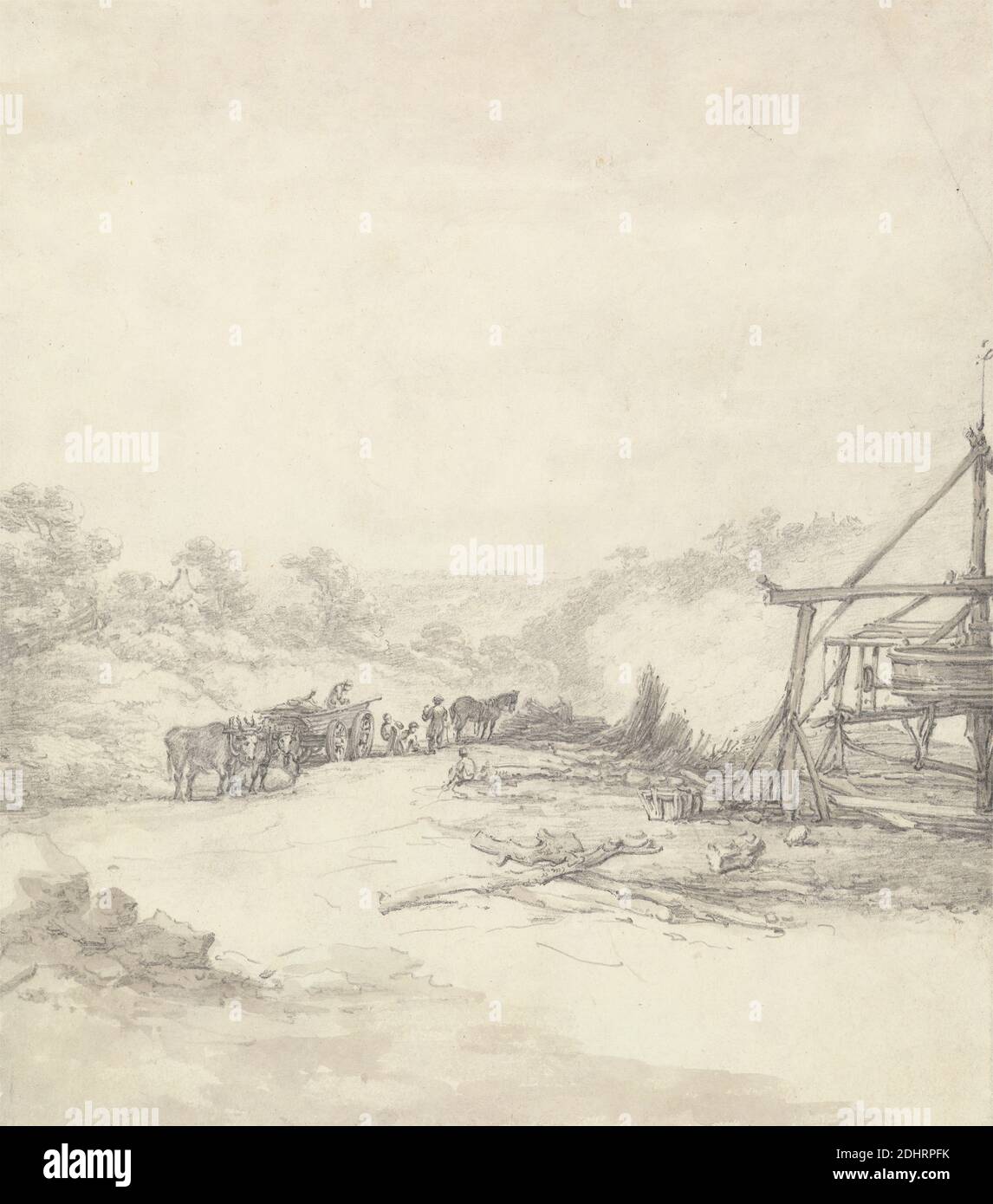 Unloading Pit Props at Coalbrookdale, Thomas Hearne, 1744–1817, British, after 1790, Graphite and gray wash on medium, slightly textured, cream wove paper, Sheet: 8 1/2 x 7 1/2 inches (21.6 x 19.1 cm), carts, coal, coal mine, coal pits, genre subject, horses (animals), labor, loading, logs, men, mine, pit props (coal mining), props, resting, smoke, trees, unloading, wagons, working, Coalbrookdale, England, Europe, Shropshire, United Kingdom Stock Photo