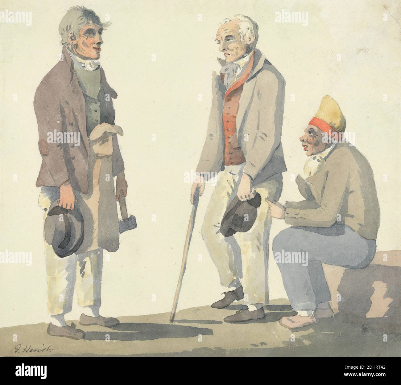 Canadian Figure Studies, George Heriot, 1766–1844, British, undated, Watercolor and graphite on medium, slightly textured, cream wove paper, Sheet: 8 1/4 × 9 1/4 inches (21 × 23.5 cm), Canadian, cane, elderly, men Stock Photo