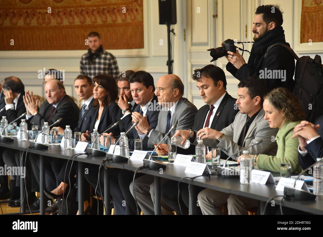 (L-R) Frederic Gil, Bordeaux mayor and president of the Host Cities' Club for the Euro 2016 Alain Juppe and Jean-Francois Martins during a meeting of the Euro 2016 Security Committee held at the Ministry of the Interior's headquarters Hotel de Beauvau in Paris, France on March 22, 2016. Photo by Christian Liewig/ABACAPRESS.COM Stock Photo