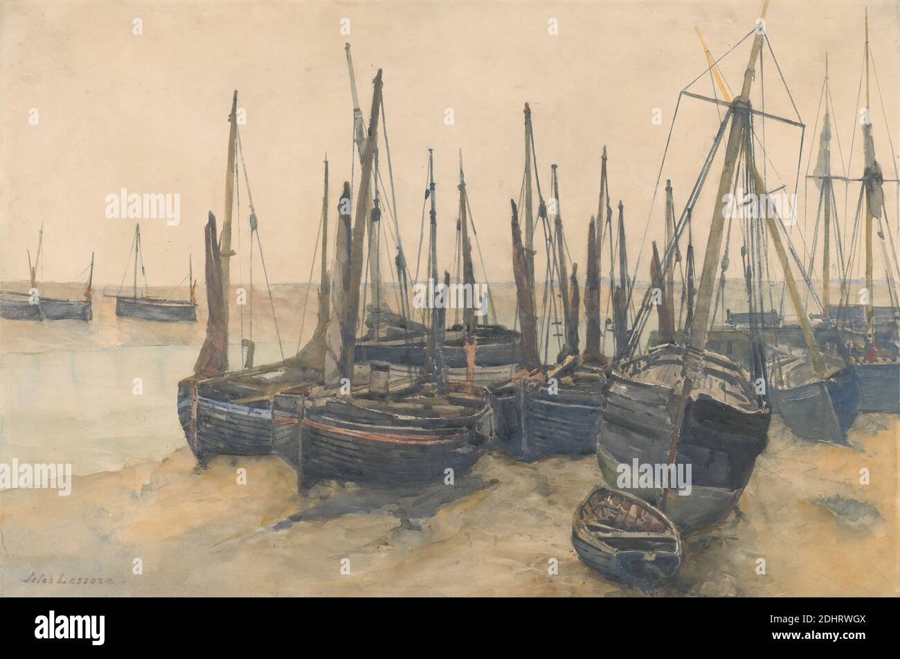 Fishing Boats Moored, Jules Lessore, 1849–1892, French, undated, Watercolor on thick, moderately textured, cream wove paper, Sheet: 18 1/4 × 27 3/8 inches (46.4 × 69.5 cm Stock Photo