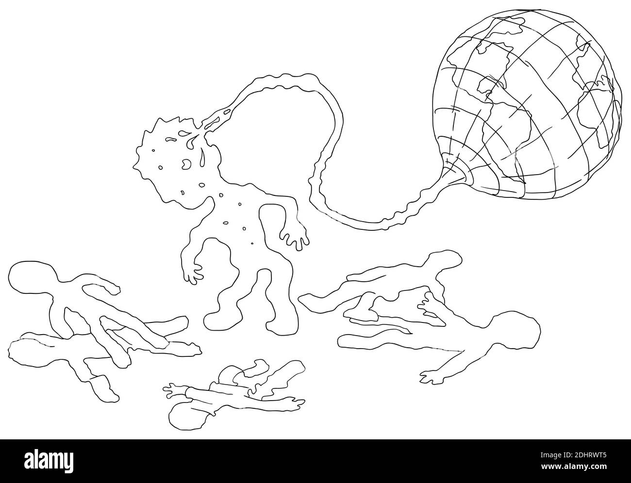Global network people drained cartoon line drawing, vector, horizontal, black and white Stock Vector