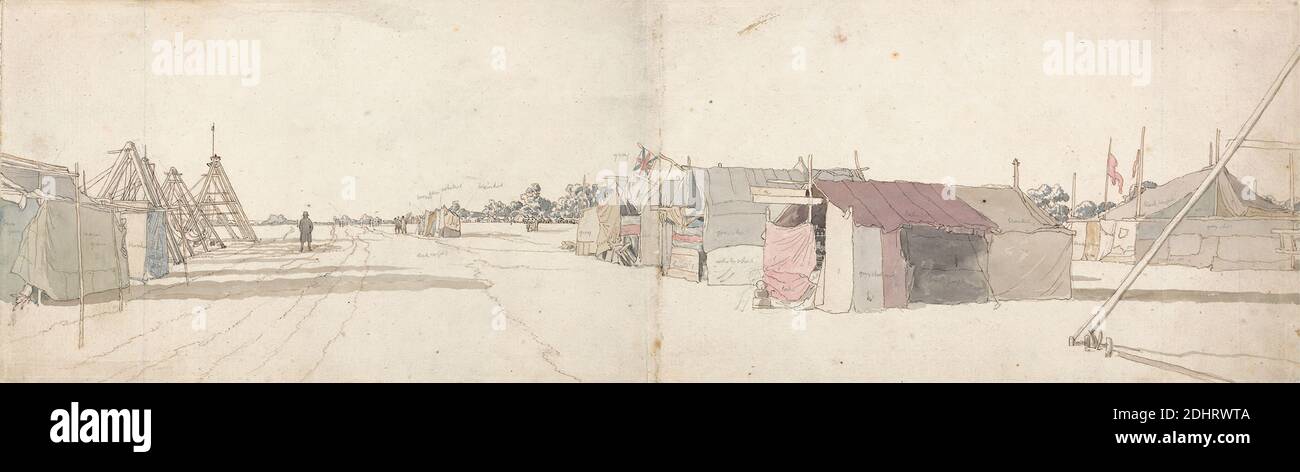 The Fair Grounds, Frederick Christian Lewis the Elder, 1779–1856, British, undated, Watercolor, pen and brown ink, and graphite on medium, slightly textured, cream laid paper, Sheet: 5 3/16 x 17 3/8in. (13.2 x 44.1cm) and Sheet: 5 1/8 × 17 3/8 inches (13 × 44.1 cm), architectural subject, dwellings, fair grounds, flags, street, tents, Union Jack Stock Photo