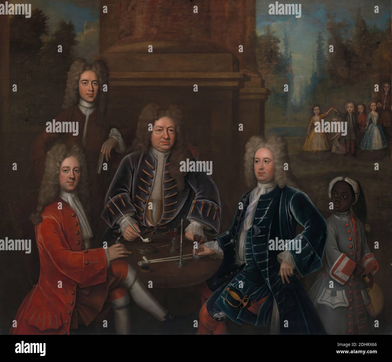 Elihu Yale; William Cavendish, the second Duke of Devonshire; Lord James Cavendish; Mr. Tunstal; and an Enslaved Servant, Unknown artist, eighteenth century, ca. 1708, Oil on canvas, Support (PTG): 79 1/4 x 92 3/4 inches (201.3 x 235.6 cm), boy, candle, children, column (architectural element), conversation piece, diamond, discussions, drinking, drinking glasses, duke, feast, food, group portrait, landscape, men, page, pen, pipes (smoking equipment), portrait, ring, slave, smoking, snuff boxes, spectators, sword, wigs, wine, writing (processes Stock Photo