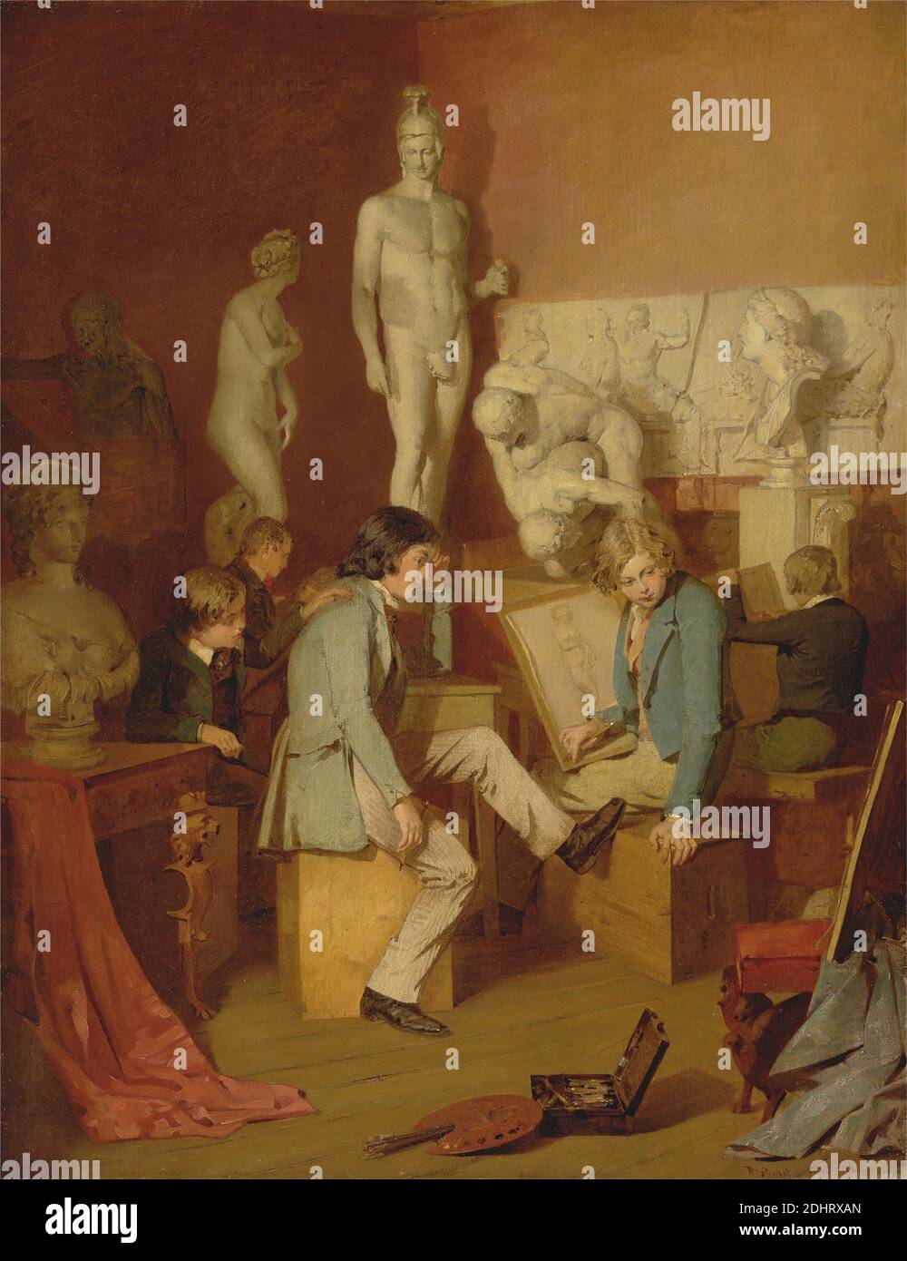 Interior of an Academy: The Critics, William Stewart, active 1847–1856, British, 1848, Oil on canvas, Support (PTG): 32 x 24 1/2 inches (81.3 x 62.2 cm), academy, ancient, art, boys, busts, casts, coats, crates, critics, dog (animal), drawing, education, frieze (entablature component), Greek, interior, paint box, painting (visual work), paints, palette, Parthenon, plaster, plaster casts, Roman, school, sketchbook, sketches, sketching, statues, students, tables, trousers, wrestlers Stock Photo