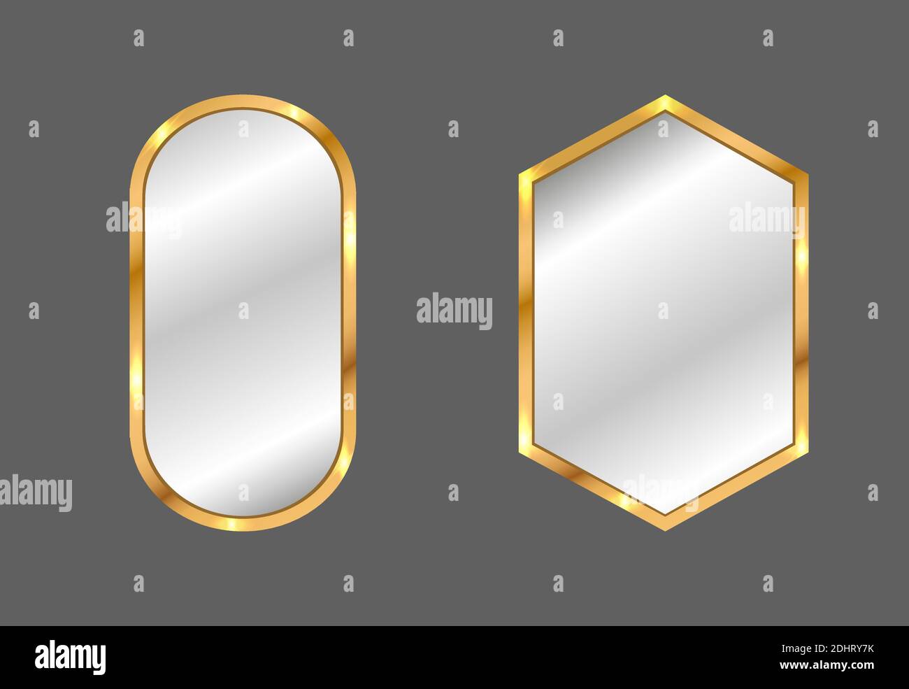 Modern mirrors set. Oval and square mirrors with golden frame. Home