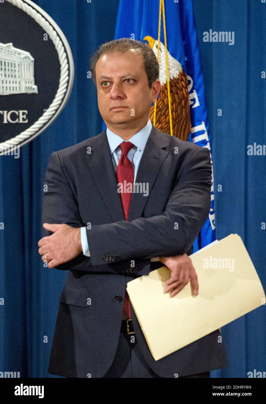 US Attorney Preet Bharara of the Southern District of New York hold a press conference at the Department of Justice in Washington, DC, USA, on Thursday, March 24, 2016. They announced criminal charges against seven individuals working on behalf of the Iranian government for conducting cyber attacks against the US financial sector and the Bowman Dam in Rye. U.S. Attorney for the Southern District of New York Preet Bharara has become a Twitter sensation with users in Turkey. Bharara is the prosecutor behind the U.S. case filed against Iranian-Turkish national Reza Zarrab, also known as Riza Sarr Stock Photo