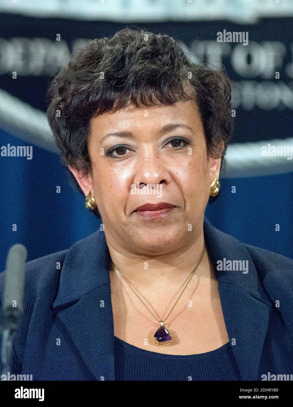 United States Attorney General Loretta E. Lynch makes opening remarks during a press conference with US Attorney Preet Bharara of the Southern District of New York at the Department of Justice in Washington, DC, USA, on Thursday, March 24, 2016. They announced criminal charges against seven individuals working on behalf of the Iranian government for conducting cyber attacks against the US financial sector and the Bowman Dam in Rye, NY. Photo by Ron Sachs/CNP/ABACAPRESS.COM Stock Photo