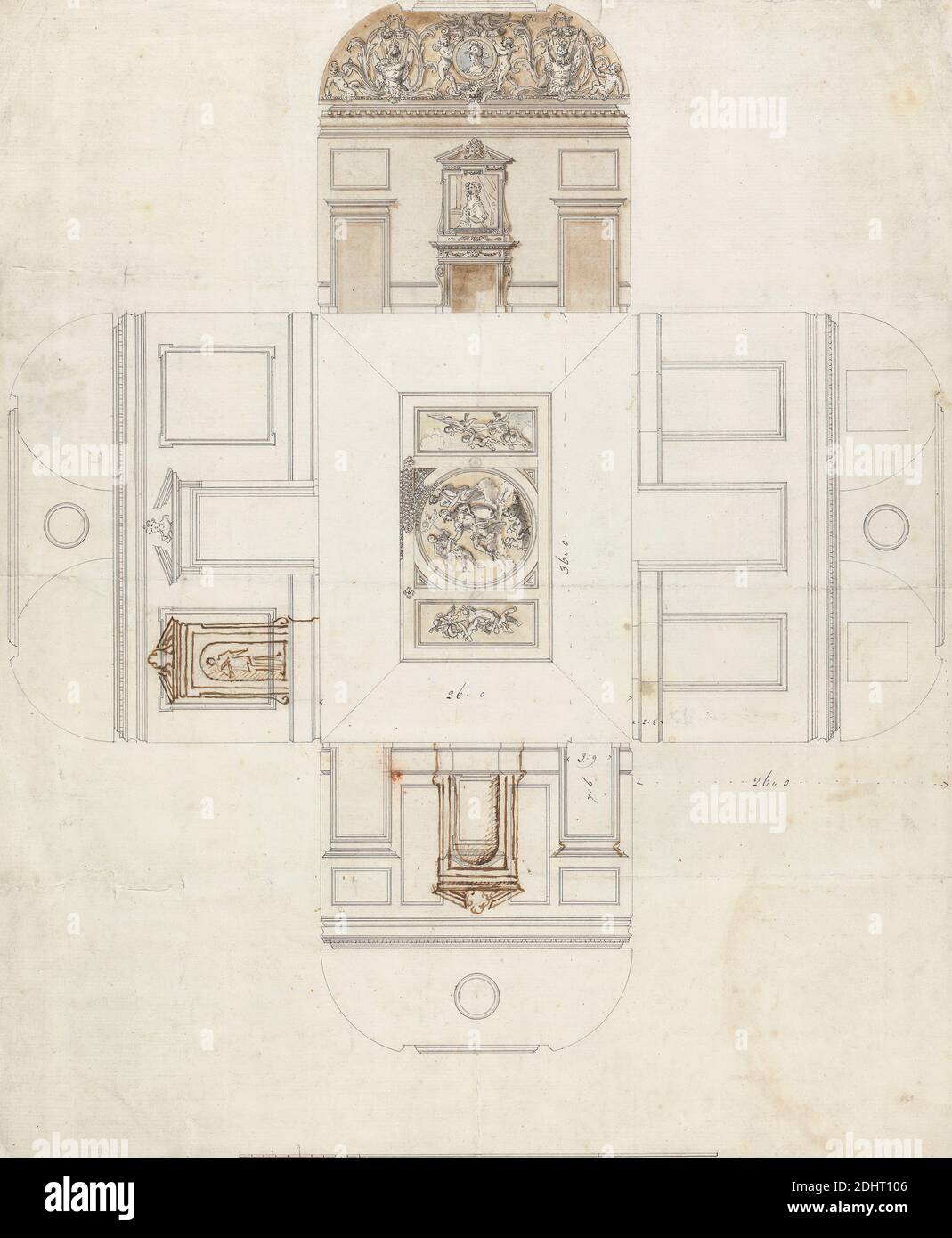 Stowe House, Buckinghamshire: Design for Ceiling and Wall Decoration, William Kent, ca.1686–1748, British, between 1728 and 1732, Graphite, pen and black and brown ink, brown and gray wash on moderately thick, slightly textured, white laid paper with four fold marks bar scale of 2/13 inch to 1 foot, Sheet: 15 1/8 x 12 1/2 inches (38.4 x 31.8 cm), architectural subject, ceiling, cove ceilings, Palladian, plans (drawings), reflected ceiling plans, Buckingham, Buckinghamshire, England, Europe, Stowe house, United Kingdom Stock Photo