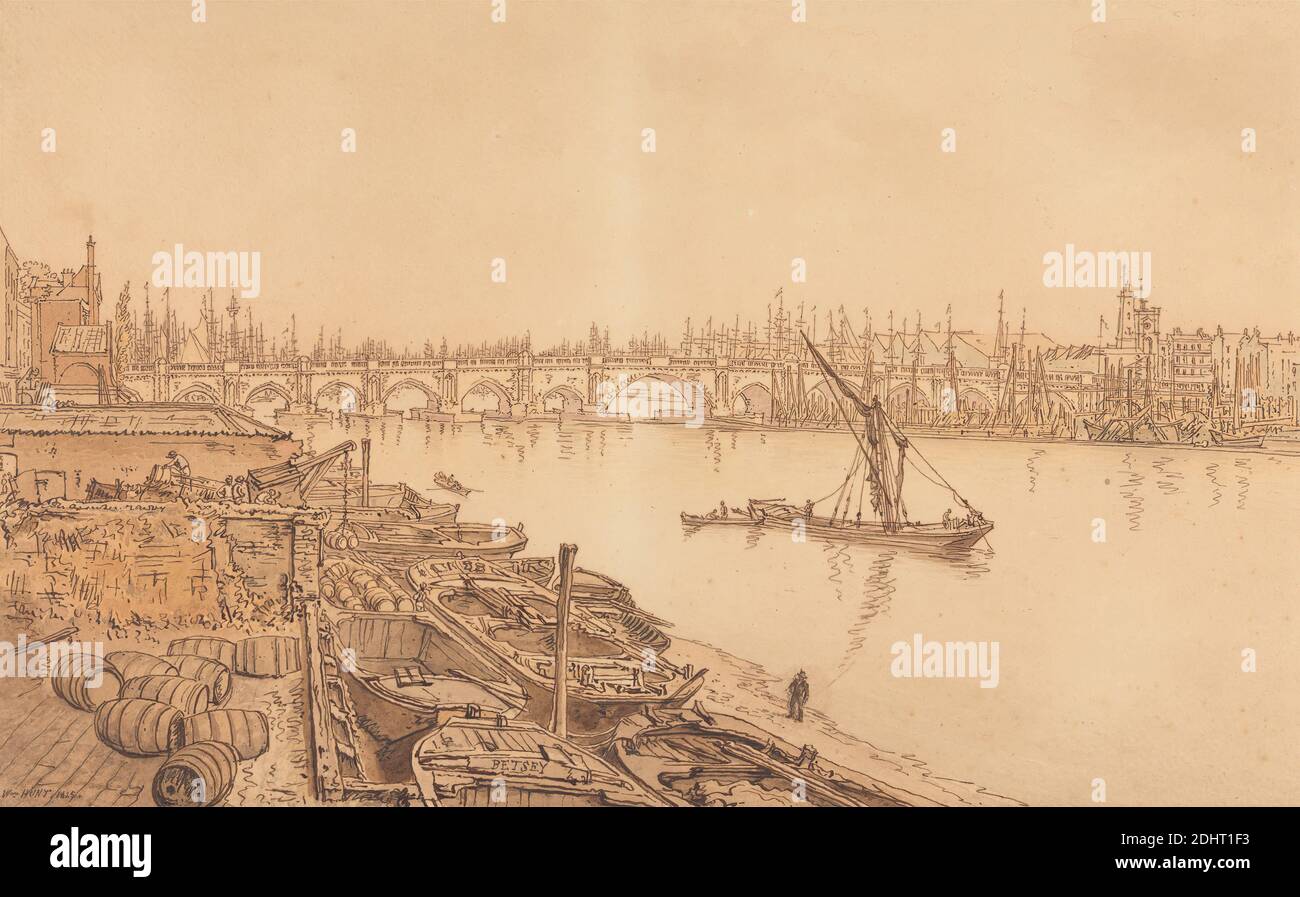 View Of Old London Bridge William Henry Hunt 1790 1864 British 15 Watercolor With Pen In Brown Ink On Moderately Thick Textured Beige Wove Paper Sheet 13 1 4 X 21 1 8 Inches 33 7