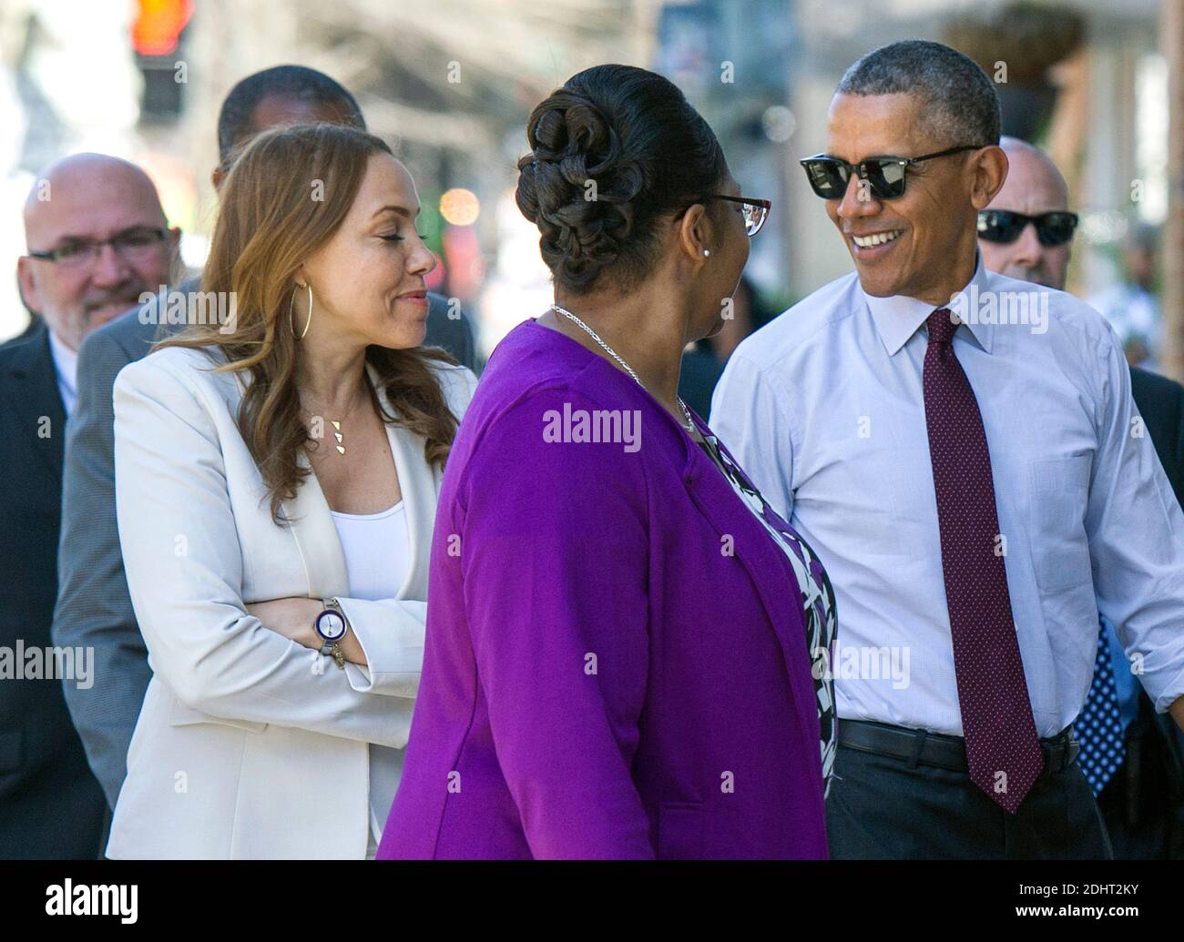 President Barack Obama walks with former inmates as he arrives to a roundtable event with formerly incarcerated individuals who have received commutations, in Washington, DC, USA, on March 30, 2016. Photo by Kevin Dietsch/Pool/ABACAPRESS.OM Stock Photo