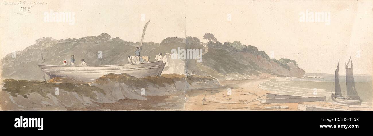 Studland Dock Yard, John Baverstock Knight, 1785–1859, British, 1822, Watercolor, gouache, pen and black ink, and graphite on medium, slightly textured, cream laid paper, Sheet: 5 5/8 × 18 1/2 inches (14.3 × 47 cm), beach, boat, sea, Dorset, England, Studland, United Kingdom Stock Photo