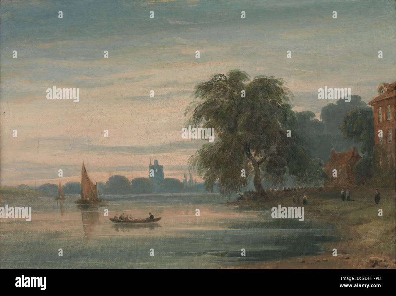 A View along the Thames towards Chelsea Old Church, John Varley, 1778–1842, British, between 1810 and 1815, Oil on canvas, Support (PTG): 8 x 11 1/2 inches (20.3 x 29.2 cm), boats, buildings, church, cityscape, landscape, men, river, riverbank, rowboat, sailboats, sky, trees, view, wall, water, women, Chelsea, England, Greater London, Thames, United Kingdom Stock Photo