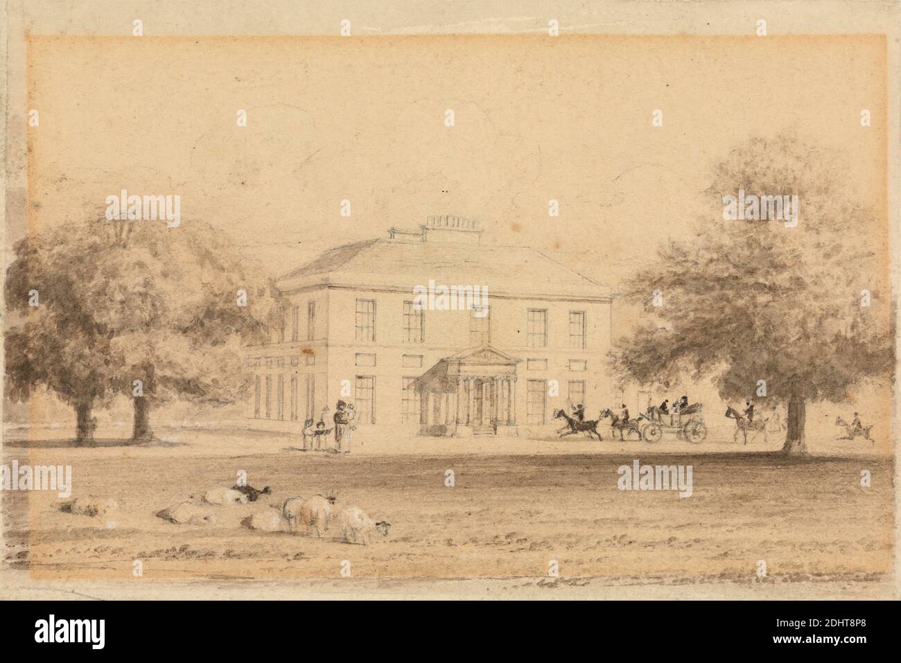 Gaunt's House, Wimborne, John Preston Neale, 1771/80–1847, British, undated, Pen and black ink, brown wash and graphite on medium, slightly textured, cream wove paper mounted on very thick, smooth, cream wove paper, Sheet: 3 7/16 × 5 1/8 inches (8.7 × 13 cm), architectural subject, carriage, chimneys, columns, country house, horses (animals), oaks, park (grounds), pediment, people, sheep, trees, windows, Dorset, England, Europe, United Kingdom, Wimborne Stock Photo
