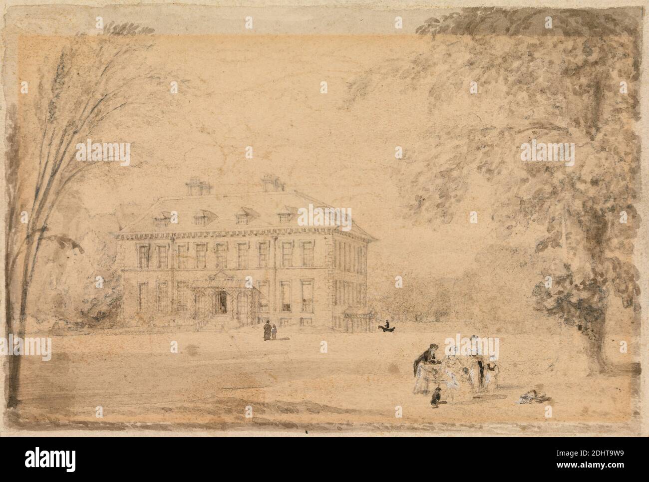Kingston Lacy, Dorset, John Preston Neale, 1771/80–1847, British, undated, Brown wash, graphite, and white gouache with pen and brown ink on medium, slighlty textured cream wove paper mounted on very thick, smooth, card, Sheet: 3 9/16 × 5 3/16 inches (9 × 13.2 cm), architectural subject, country house, genre subject, park (grounds), people, picnic, trees, Dorset, England, Europe, United Kingdom, Wimborne Minster Stock Photo