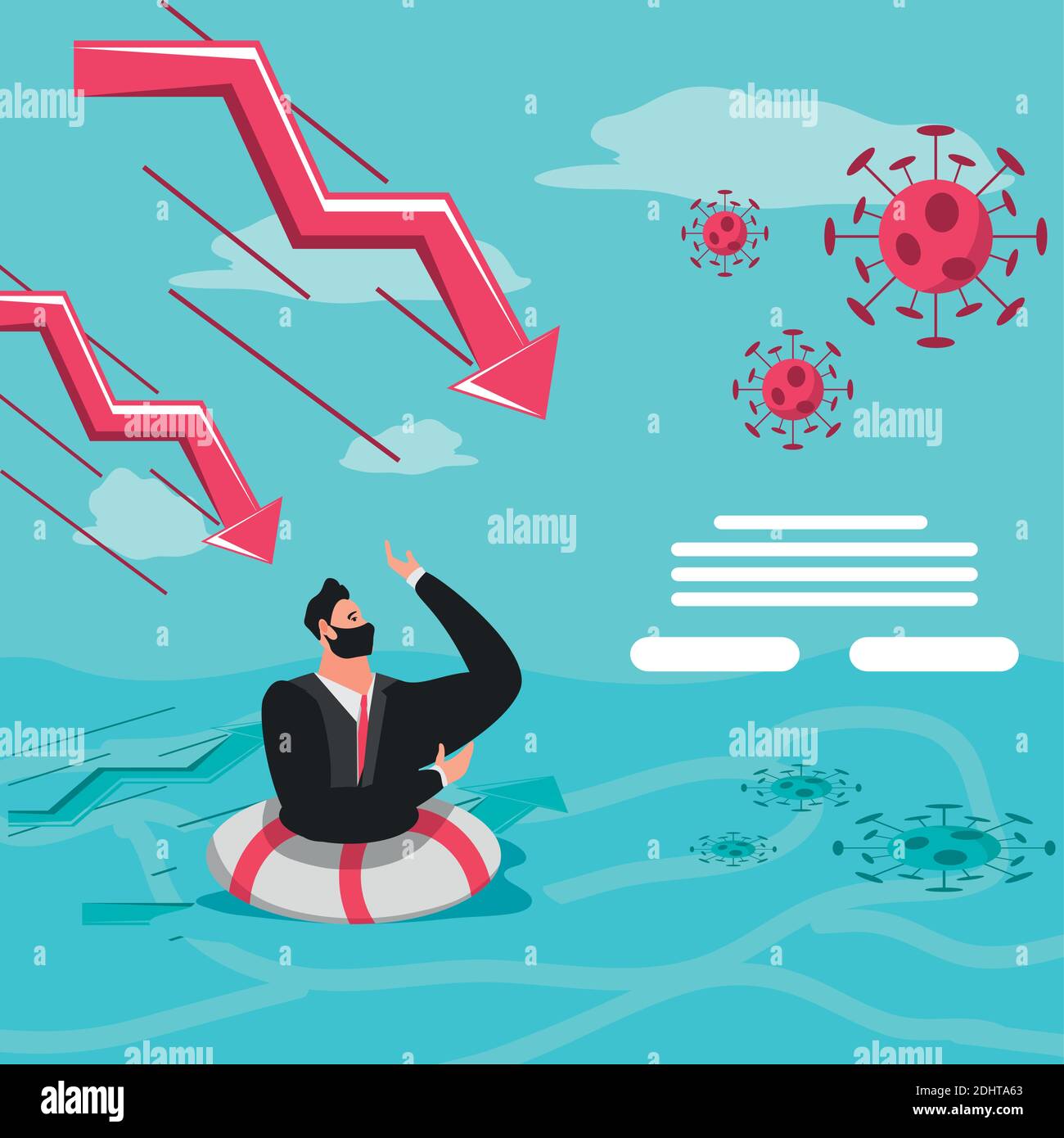 business man in mask in float, finance crisis chart down after covid 19 vector illustration Stock Vector