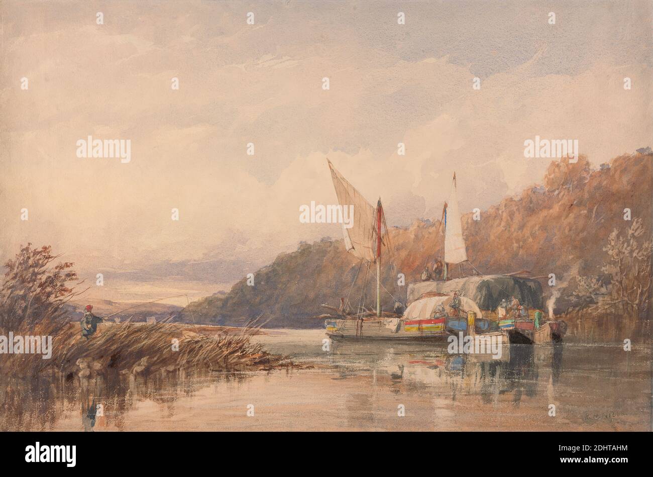 Hay and Log Barges on the Conway, Richard Henry Nibbs, 1816–1893, British, undated, Watercolor, gouache, gum, and graphite with scratching out on thick, textured, cream wove paper, Sheet: 15 7/8 × 23 7/8 inches (40.3 × 60.6 cm Stock Photo