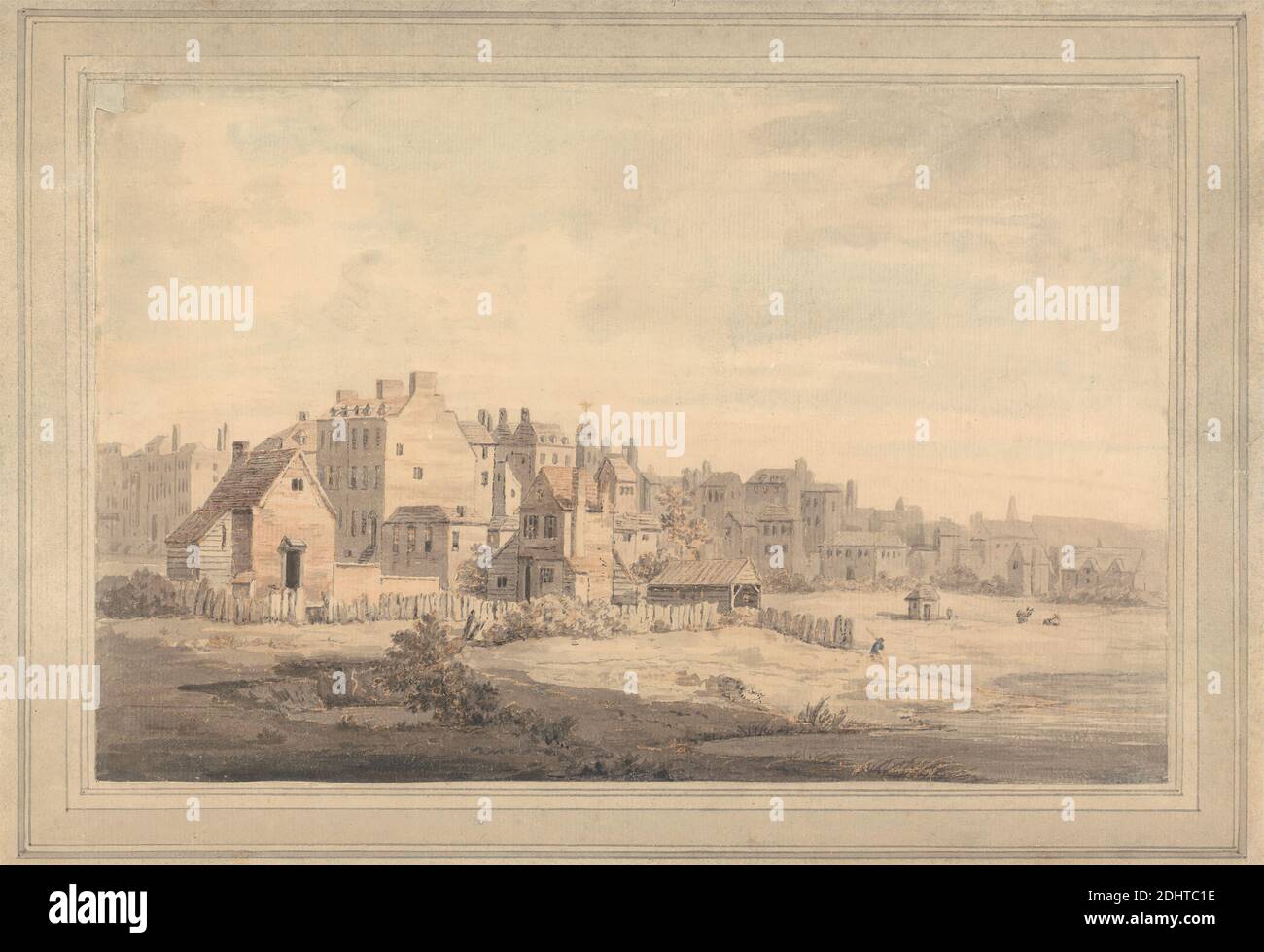 Houses by the Riverside, William Marlow, 1740–1813, British, undated, Watercolor and graphite on medium, slightly textured, cream laid paper, Sheet: 8 1/16 x 12 3/8in. (20.5 x 31.4cm), Sheet: 8 × 12 3/8 inches (20.3 × 31.4 cm), and Mount: 10 × 14 3/4 inches (25.4 × 37.5 cm), cityscape, fence, houses, riverbank, rooftops Stock Photo