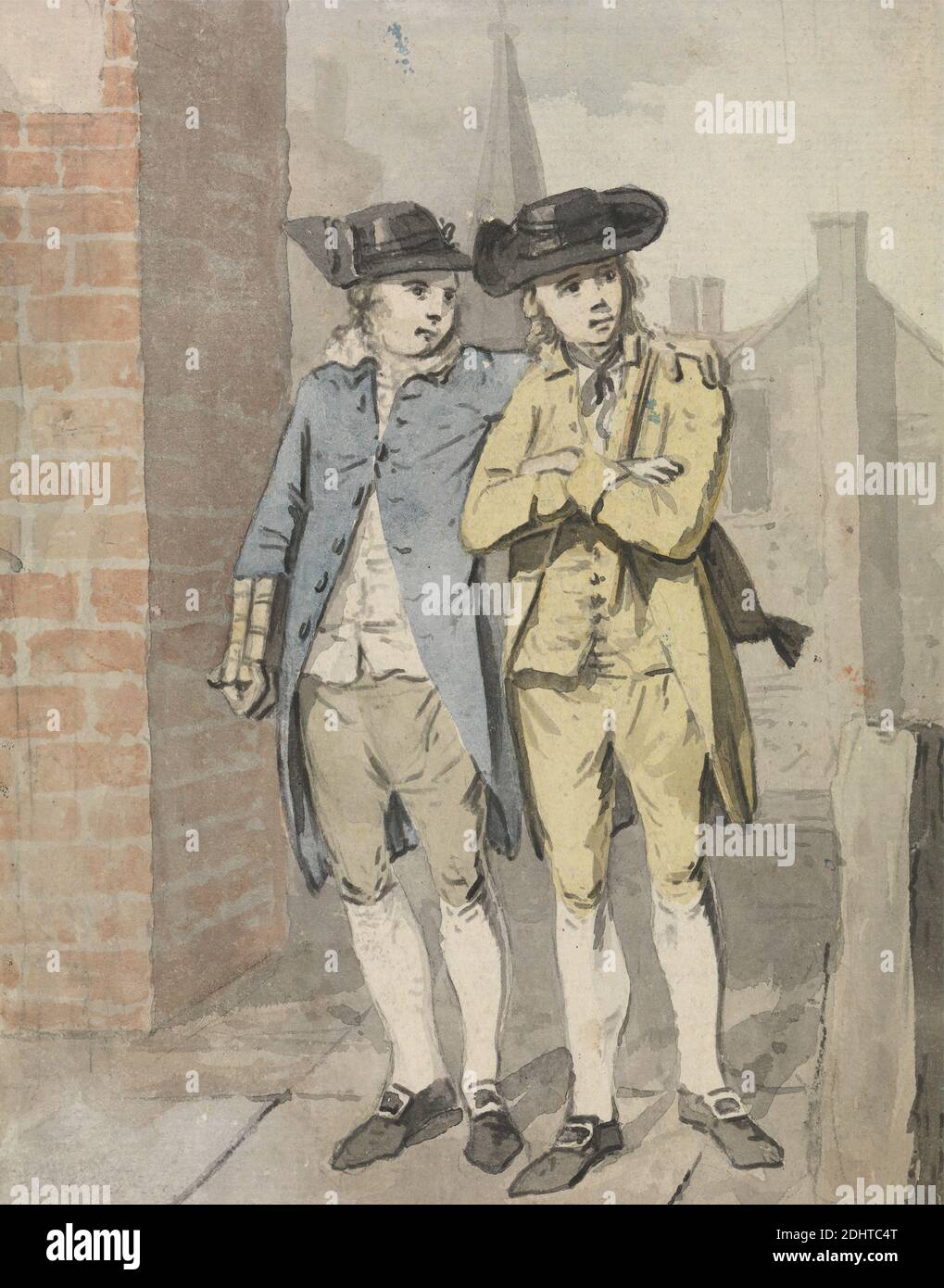Two Schoolboys, Elias Martin, 1739–1818, Swedish, undated, Watercolor and graphite on medium, slightly textured, cream laid paper, Sheet: 7 × 5 9/16 inches (17.8 × 14.1 cm), alley, books, boys, breeches, knee, brick, chimneys (architectural elements), coats, friends, genre subject, hats, schoolboys, stockings, students, waistcoats Stock Photo