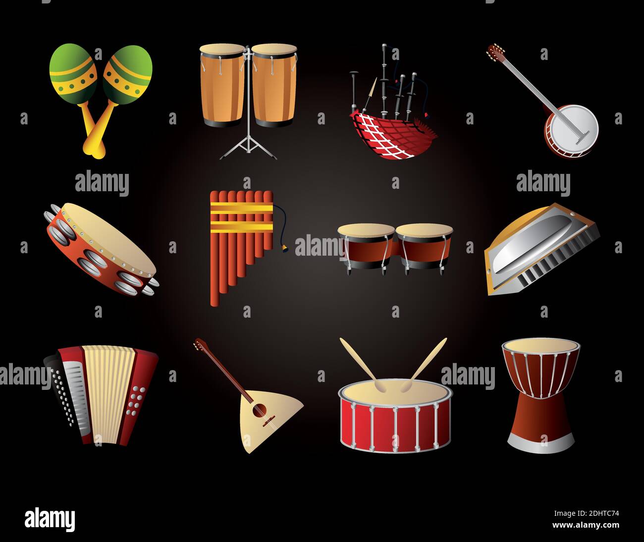 set of various musical instruments such as accordion maracas drums